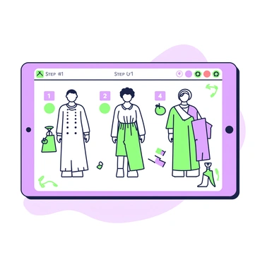 A tablet screen displays a step-by-step tutorial on how to draw a fashion figure. The first step is illustrated with a simple outline of a figure in a standing pose. The second step adds details such as the facial features and hair. The third step emphasizes the clothing, showcasing various fashion styles and textures. The fourth step highlights the use of colors, with example swatches next to the figure. Each step is numbered and surrounded by green and purple decorative elements for clarity. The background is a subtle gradient, allowing the tutorial to stand out.