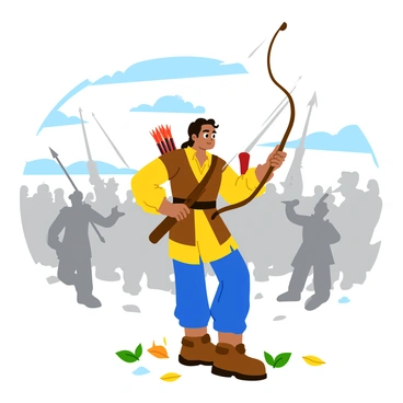 An archer in the midst of a grand battle, arrows flying overhead