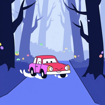 A cartoon car with a bright red color and an expressive face on the front is driving along a narrow path. The forest surrounding the path is dense with tall, dark trees, their branches twisting and reaching out like skeletal arms. A thick fog blankets the ground, creating an eerie atmosphere. In the shadows of the trees, there are glowing eyes peering out, each a different color, hinting at hidden creatures watching the car as it navigates through the mist. The wheels of the car are kicking up small clouds of fog as it speeds forward.