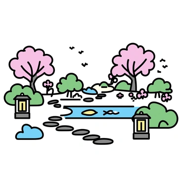 A Korean garden featuring a series of carefully manicured plants and shrubs. Stone paths weave throughout the garden, creating a clear route for visitors. Traditional lanterns, made of stone, are placed along the paths, illuminating the way. The garden includes a small pond with koi fish swimming, surrounded by lush greenery. In the background, delicate cherry blossom trees add a pop of soft pink to the landscape.