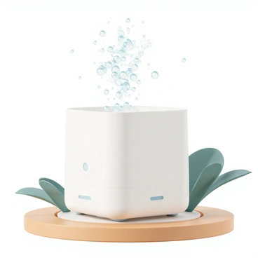 A sleek air purifier, designed with a modern aesthetic, is placed on a wooden surface. It has a smooth white body with a subtle LED display on the front. From the top of the purifier, "clean air" is visibly being released in the form of sparkling bubbles. The bubbles are floating upwards, reflecting light in various shades, while some gently burst in the air. The background features a hint of green plants, emphasizing the freshness of the environment.
