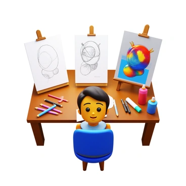 An artist's workspace displaying the stages of an illustration. On the left, a rough pencil sketch is visible, showing basic shapes and outlines. In the center, an inked version of the drawing with clearer details emerges, showcasing defined lines and contours. To the right, a vibrant, fully colored illustration stands completed, filled with textures and shadows. The artist's tools, such as pencils, ink pens, and paint tubes, are scattered around the table, reflecting a creative process. A focused expression on the artist's face conveys deep concentration while working on the piece.