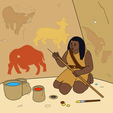 A focused hunter with dark skin and long black hair, dressed in a simple leather outfit, is kneeling in front of a rocky cave wall. He is using a wooden stick to apply vibrant natural pigments in shades of red, brown, and yellow. The cave wall is adorned with detailed cave paintings of various animals, including a large bison, a graceful deer, and a fierce wolf. The hunter's concentrated expression suggests dedication to his craft. Around him, various containers made from hollowed-out stones hold the colorful pigments, and a few brushes made from animal hairs lie scattered on the ground. A soft light filters into the cave, illuminating the artwork and the hunter's focused work.