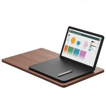 A close-up view of a digital drawing tablet on a wooden desk. The tablet is sleek and black, with a stylus resting on its surface. Next to the tablet, there is a laptop screen displaying a creative software interface. The screen shows various digital drawing tools, including a color palette, brush settings, and layer options. Bright colors from the color palette are visible, and the brush settings display different types of brushes. The overall scene is well-lit, showcasing the details of the tools and the vibrant colors on the screen.