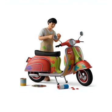 An artist with light skin and short black hair, wearing a paint-splattered apron, is shown standing next to a Bajaj bike. The bike is prominently displayed in the foreground and features a shiny metallic frame. The artist is focused on customizing the bike, using bright, vibrant colors and intricate patterns. Paint splatters in various hues are seen around the workspace, contributing to the creative atmosphere. The background includes paint cans and brushes, emphasizing the artistic process. The bike’s wheels are turned slightly outward, showcasing the unique design on the side panels.