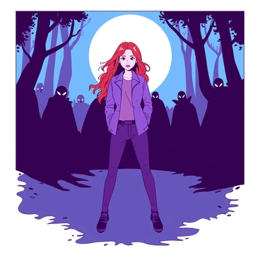 A red-haired girl named "Bella Swan" stands confidently in a moonlit forest, facing a group of menacing vampires. Her expression shows deep determination and courage. Bella is wearing a stylish purple jacket and is positioned with her feet firmly planted on the ground, ready to confront the threat. The vampires are shrouded in shadows, their piercing eyes glowing in the darkness, creating an intense atmosphere around her.