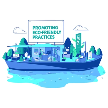 A blue barge floats on a calm river, showcasing a vibrant mobile sustainability exhibit. The exhibit features large white banners displaying the words "Promoting Eco-Friendly Practices" in bold letters. Various sections of the exhibit are decorated with green plants and small trees, emphasizing the theme of sustainability. On the barge, there are people engaged in activities, such as browsing informative displays about renewable energy and participating in interactive workshops. The sky is clear, and the river reflects the colors of the barge, creating a lively atmosphere around the scene.