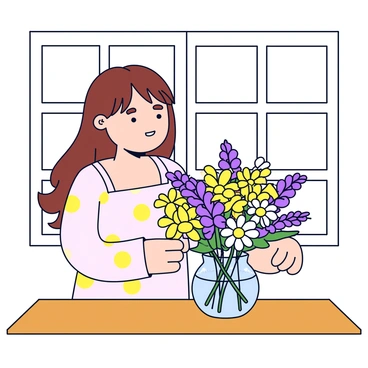 A girl with long brown hair is standing at a wooden table, focused on arranging a vibrant bouquet of wildflowers. The bouquet includes various colors such as yellow daisies, purple lupines, and white daisies, all freshly picked and full of life. The girl is wearing a light summer dress with floral patterns. She carefully places the flowers in a clear glass vase, which is filled with water to keep the flowers fresh. The background features a bright window, letting in natural light that highlights the colors of the flowers.