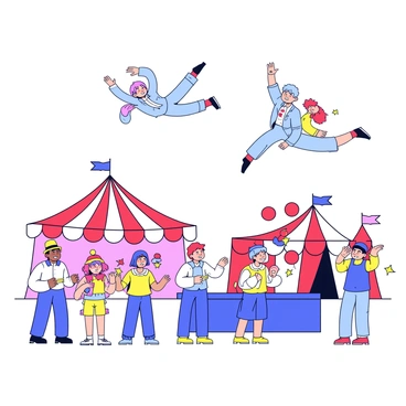 A comic-style illustration of a circus with acrobats and clowns