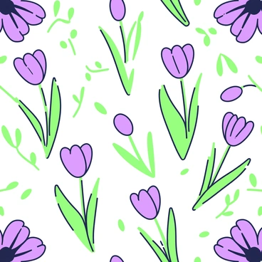 A repeating pattern featuring crocus flowers and leaves arranged in a harmonious layout. The crocus flowers exhibit a variety of shapes, with some closed buds and others fully open, showcasing their distinct petal structures. The leaves, long and slender, intertwine with the flowers, creating a natural flow across the surface. Each flower is positioned at different angles, adding depth and variety to the design. The overall composition is balanced, with clusters of flowers placed symmetrically, while leaves gracefully weave through the pattern, enhancing the overall aesthetic.