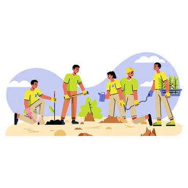 A group of five volunteers is planting young trees in a deforested area. Each volunteer is wearing a brightly colored t-shirt and gardening gloves. One volunteer is digging a hole with a small spade, while another is carefully positioning a young sapling in the hole. The third volunteer is watering the sapling with a blue watering can. The fourth volunteer is carrying a small crate filled with more young trees. The deforested area has uneven ground with patches of brown soil, and a few stumps from previously cut trees are visible. The sky is clear and blue, creating a vibrant atmosphere for the tree planting activity.