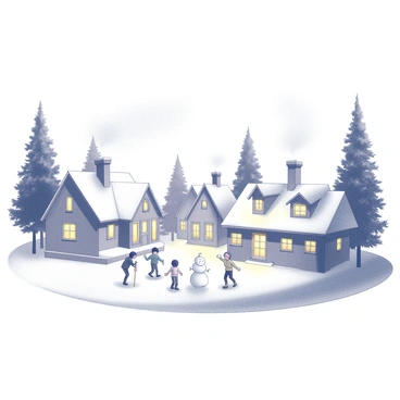 A snowy village scene featuring several cottages with smoke rising from their chimneys. The cottages are warmly lit from within, creating a cozy glow that contrasts with the white snow covering the rooftops and ground. In the foreground, children are playing in the snow, some building a snowman while others are having a snowball fight. Snowflakes are gently falling from the sky, adding to the winter atmosphere. The village is framed by tall trees dusted with snow, enhancing the picturesque setting.