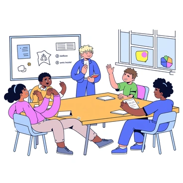 An illustration tutor stands at the front of a bright, spacious classroom. The tutor has short hair and wears a blue shirt, holding a sketchbook while addressing a group of students. The students are sitting in a semi-circle around a large wooden table, each with their own sketchbooks and art supplies. One student is raising a hand to ask a question, while another student is attentively reviewing their artwork. The classroom walls are decorated with colorful art pieces, and a whiteboard is visible with notes and tips for critique. Natural light floods through large windows, creating a warm atmosphere.