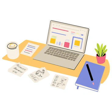 A wooden desk with a sleek silver laptop open, displaying a colorful digital design. Beside the laptop, there are scattered sheets of notes with handwritten ideas and sketches. A white ceramic mug filled with a creamy pumpkin spice latte sits next to the laptop, topped with a sprinkle of cinnamon. A small potted plant adds a touch of greenery to the workspace, and a stylish blue notebook rests nearby, partially open with a pen lying across it.