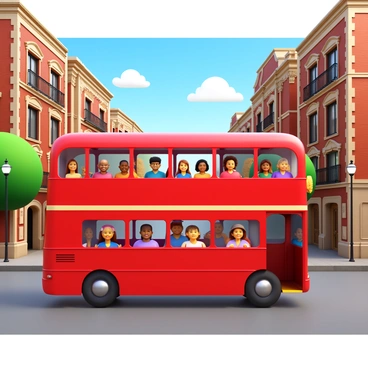 A vintage double-decker bus in bright red color with a classic design. A group of diverse tourists, including men and women of various ethnicities, is sitting on the upper deck, smiling and enjoying the view. The historic district features old brick buildings with detailed facades and wrought-iron balconies. Trees line the streets, and there are decorative street lamps illuminating the scene. The sky is clear with a few white clouds, adding to the charm of the surroundings.