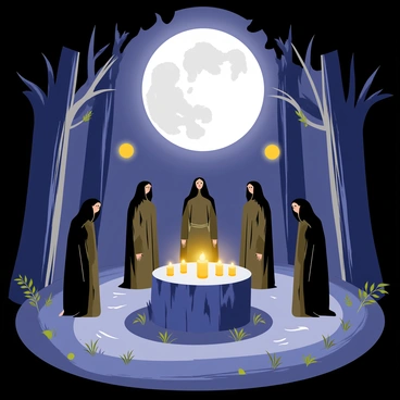 A hidden forest clearing illuminated by a bright full moon. A group of five cloaked figures stands in a circle, their robes flowing and blending with the shadows of the trees. In the center of the circle, there is a large stone altar adorned with glowing candles and a few scattered herbs. Wisps of mist curl around the figures, adding an air of mystery to the atmosphere. The surrounding trees are tall and dark, their leaves whispering in the gentle night breeze. Small glowing orbs hover above the altar, casting soft light on the participants of the ritual.
