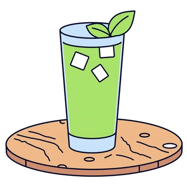 A tall glass of a refreshing cocktail with a vibrant green color and ice cubes visible inside. The cocktail is garnished with a fresh sprig of basil placed on the rim of the glass. The wooden table has a natural texture, with visible grains and knots, providing a rustic backdrop for the drink.