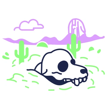 A dog skull is partially buried in the sands of a desert landscape. The skull is white with visible teeth and eye sockets. Surrounding the skull, the sands are smooth and textured, with gentle ripples creating patterns. In the background, scattered rocks and sparse vegetation are present, adding to the arid atmosphere. The sky above is clear with a few wispy clouds, enhancing the starkness of the environment.