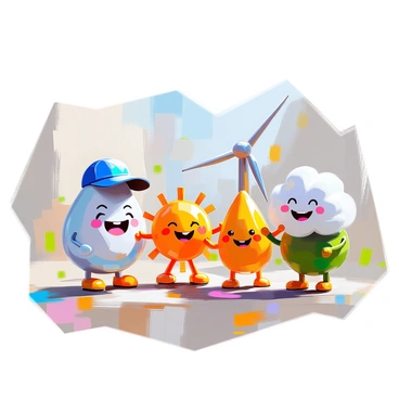 A group of adorable mascots representing different forms of renewable energy is gathered in a cheerful setting. The hydropower mascot is a friendly, cartoonish water droplet with big, expressive eyes, wearing a playful blue cap. Next to it, the solar energy mascot is a bright yellow sun with a smiling face, adorned with ray-like arms extending outwards. The wind energy mascot appears as a lively white cloud with a joyful expression and soft, fluffy edges, while the biomass mascot is depicted as a cute green leaf with a happy face. These characters are interacting with each other, showcasing a sense of camaraderie and teamwork. In the background, there are elements that symbolize their respective energy sources, such as solar panels, wind turbines, and flowing water, enhancing the theme of renewable energy.