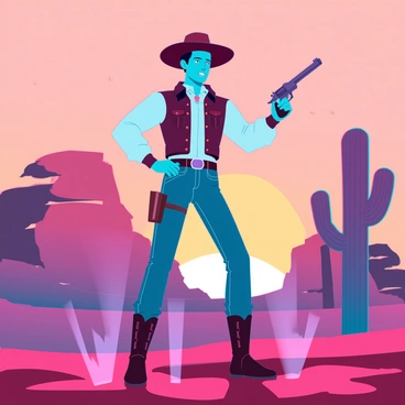 A cowboy action figure stands confidently in a dusty desert landscape, poised for a classic Wild West duel. The figure is wearing a detailed brown cowboy hat, a leather vest, and denim jeans, with a toy revolver in hand. The orange and purple hues of the sunset cast dramatic shadows across the scene, highlighting the cowboy's determined expression. In the background, silhouettes of cacti and rocky formations create a rugged frontier atmosphere. Dust particles are visible in the air, adding to the tension of the duel as the sun sinks below the horizon.