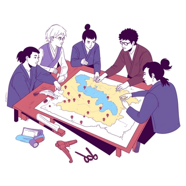 The Jujutsu Kaisen team is gathered closely around a large, detailed map spread out on a wooden table. The map features various locations marked with colorful markers in a mix of red and blue. Each team member has a focused expression, pointing at different parts of the map, discussing their next move. In the background, there are scattered tools and equipment used for their missions, adding to the atmosphere of teamwork and collaboration. The lighting is soft, highlighting the determination on their faces as they strategize.