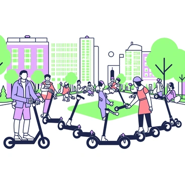 A bustling city square filled with electric scooters lined up neatly along the edges. The scooters vary in design, each with a sleek frame and subtle features. In the foreground, a man wearing a blue jacket is standing on a scooter, smiling as he prepares to ride. Nearby, a woman in a red dress is adjusting her helmet before hopping on her scooter. People of different ages and styles are seen riding the scooters around the square, some laughing and others engaged in conversation. The square is surrounded by tall buildings and there are a few trees dotting the area, along with benches where people are sitting and watching the activity.