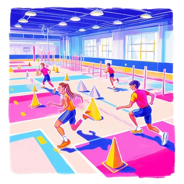 A group of athletes is training indoors in a spacious facility designed for agility drills. The floor is marked with various colored lines indicating different training zones. Several brightly colored cones are arranged in patterns for agility drills, while a series of hurdles stands at varying heights along the training area. Each athlete is focused on their movements; one is sprinting towards a cone, another is leaping over a hurdle, and a third is positioned to change direction quickly. Bright overhead lights illuminate the scene, highlighting the athletes' determined expressions and athletic attire.