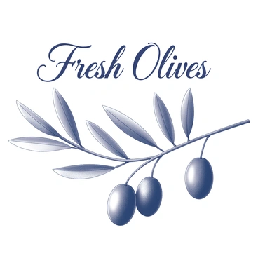 A vintage-style poster displaying a detailed olive branch with multiple leaves and olives hanging from it. The branch is gracefully curved and showcases the texture of the leaves. Above the branch, the text "Fresh Olives" is featured prominently in elegant typography, with the letters flowing seamlessly across the design. The overall composition highlights the natural beauty of the olive branch while emphasizing the text in a balanced manner.