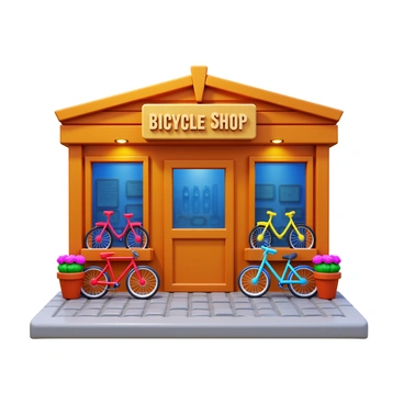 A quaint village bicycle shop with a wooden storefront. There are several colorful bicycles displayed outside, including red, blue, and yellow bikes. The shop has large glass windows that showcase various bicycle accessories inside. Flower pots with vibrant flowers are placed on either side of the entrance, and a rustic wooden sign hangs above the door, reading "Bicycle Shop." A cobblestone path leads to the shop, adding to the charming atmosphere of the village.