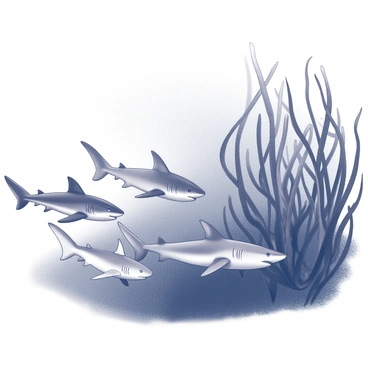 A group of sharks swimming near a dense kelp forest. The sharks are moving gracefully through the water, their silhouettes appearing distinct against the backdrop of long, swaying kelp fronds. The kelp is thick and lush, creating a rich habitat that contrasts with the streamlined bodies of the sharks. Sunlight penetrates the water surface, casting shadows and highlighting the contours of the kelp. The overall composition captures the dynamic interaction between the sharks and their environment, emphasizing their presence as they patrol the perimeter of the forest.