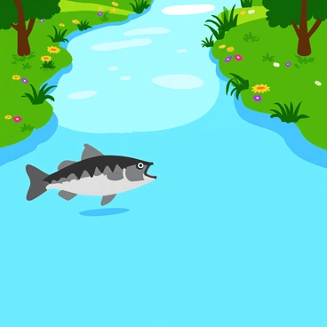 A clear, flowing river with gently rippling water reflecting the surrounding nature. Below the water's surface, a large bass fish with distinct markings is gliding smoothly. The riverbank is lined with lush green grass and scattered wildflowers in vibrant colors. Sunlight streams through the leaves of nearby trees, creating dappled light patterns on the water. The scene conveys a sense of tranquility and natural beauty.