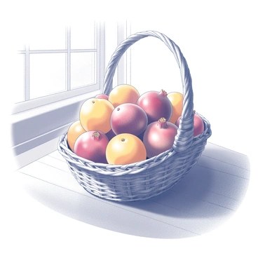 A woven basket filled with various seasonal fruits sits on a wooden kitchen table. The basket contains several bright oranges, their texture visible, along with several pomegranates, showcasing their round shape and intricate surface texture. The kitchen table has a natural wood finish, with visible grain patterns. Soft light filters in from a nearby window, casting gentle shadows on the table's surface, enhancing the details of the fruits.