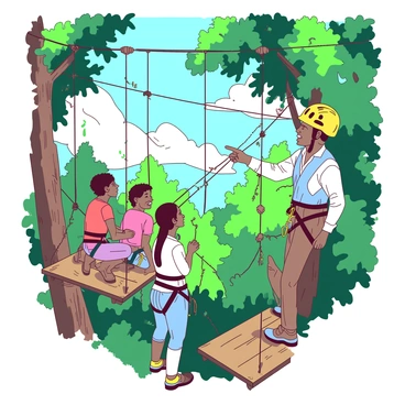An outdoor adventure trainer, wearing a bright yellow helmet and a matching harness, is guiding a group of excited participants through a thrilling ropes course high in the trees. The trainer is pointing towards the next challenge, while the participants, dressed in colorful climbing gear, are engaged and listening attentively. Various ropes and wooden platforms connect the trees, with lush green leaves creating a vibrant canopy overhead. Sunlight filters through the branches, casting playful shadows on the ground below.