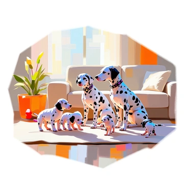 A cozy living room setting features a family of dalmatians. The parents, a male and a female, sit on a soft rug, their black spots contrasting against their white fur. Nearby, a group of playful dalmatian puppies, with their little legs wobbling, are attempting to learn to walk. Some puppies are standing up gingerly, while others are playfully tumbling over each other. The living room is warmly decorated, with a comfortable sofa in the background and a few toys scattered around, enhancing the familial atmosphere. Sunlight streams in through a nearby window, illuminating the scene.