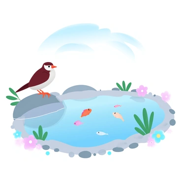 A lark watching fish swimming in a clear pond while perched nearby.