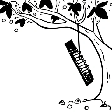 A harmonica hanging from a sturdy tree branch sways gently in the breeze. Leaves rustle softly around it, creating a serene atmosphere. Sunlight filters through the canopy, casting patterns on the ground below. The harmonica has intricate details on its surface and is positioned slightly tilted as if caught mid-movement. A few scattered twigs and small stones lie on the ground beneath the branch.
