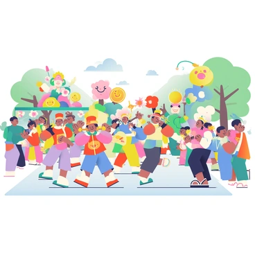 A lively spring parade is taking place on a sunny day. Colorful floats are passing through, adorned with vibrant flowers and cheerful decorations. Some floats feature giant, smiling animals and whimsical characters. Marching bands in bright uniforms are playing upbeat music, with musicians holding various instruments like trumpets, drums, and flutes. Dancing performers in vivid costumes are engaging with the crowd, moving energetically along the parade route. Spectators are lined up on either side, waving flags and clapping along to the rhythm of the celebration. The atmosphere is filled with joy and excitement as the parade progresses.