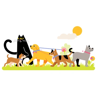 A confident cat with a sleek black coat is walking a group of five dogs on colorful leashes. The cat stands upright on its hind legs, looking proud and composed. The dogs, which include a fluffy golden retriever, a small brown dachshund, a playful beagle, a large grey bulldog, and an energetic border collie, follow closely behind, each displaying their unique personalities. The scene is set in a bright park, with green grass and colorful flowers surrounding them. The sun shines down, creating a cheerful atmosphere as the cat leads the way with a determined expression.