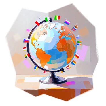 A detailed globe positioned on a wooden table, its surface intricately covered with small flags representing various countries from around the world. The flags are colorful and vibrant, each one accurately reflecting the national symbols and colors. The globe itself features geographic details, including mountain ranges and ocean currents, while the flags are evenly distributed across the continents. Soft light illuminates the globe, highlighting the textures of the flags and the continents.