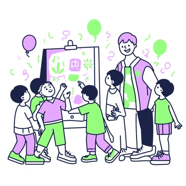 An illustrator is standing in a vibrant setup at an art festival, surrounded by a group of children. The illustrator has short hair and is wearing a colorful patterned shirt. In front of them is a large easel with a canvas displaying an unfinished artwork. The children, a diverse group of boys and girls, are gathered around, eagerly asking questions and pointing at the illustrations on the canvas. One child is holding a sketchbook and pencil, ready to draw. Balloons and streamers decorate the background, enhancing the festive atmosphere. The illustrator is smiling and leaning forward, engaged in conversation with the children.