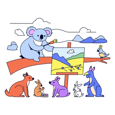 A koala is sitting on a low branch of a eucalyptus tree in the Australian outback. The koala holds a paintbrush with its paw, demonstrating a brushstroke to an audience of animals below. In front of the koala is a canvas propped against the tree, showing a colorful painting of the outback landscape. The group of animals includes a kangaroo, a rabbit, and a cockatoo, all watching intently. The kangaroo leans forward, curiously observing the painting process, while the rabbit has a small palette of colors. The cockatoo perches nearby, with its head tilted in interest. The backdrop features rolling hills and scattered trees typical of the Australian outback.