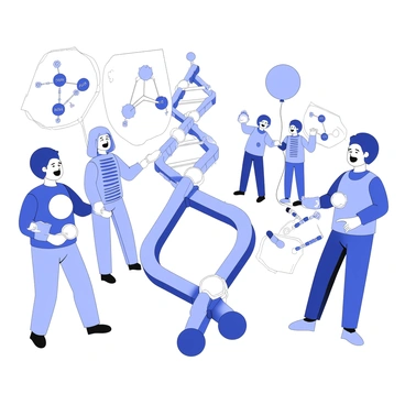 A festival scene is filled with people dressed as different macromolecules. One person is wearing a costume resembling a protein, with large, intricate structures representing amino acids. Another individual is dressed as a carbohydrate, featuring a large model of a glucose molecule with its hexagonal shapes on display. A group of attendees are portraying nucleic acids, with strands of DNA represented as twisting spirals adorned with nucleotides. The surroundings are decorated with banners and balloons shaped like various macromolecules, creating a lively atmosphere. There are excited expressions on the faces of the participants as they interact and celebrate.