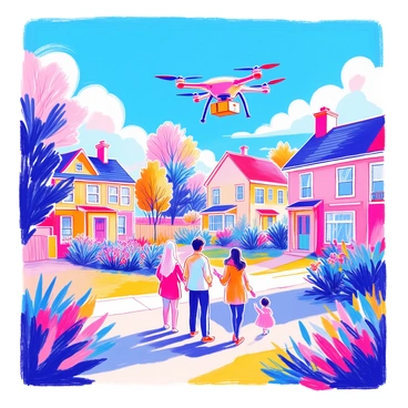 A drone is hovering in the sky, carrying a small package attached to its underside. Below, a family stands in their front yard, watching the drone with expressions of excitement. The family consists of two parents and two children, with the children pointing at the drone. The suburban neighborhood features neatly trimmed lawns, colorful flowerbeds, and houses with distinct architectural styles. A blue sky with a few fluffy clouds frames the scene, portraying a bright day.