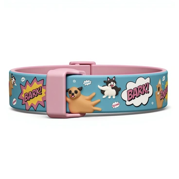 A dog collar designed with vibrant comic book art. The collar is adorned with colorful speech bubbles and action words like "Bark!" and "Zoom!" in bold lettering. The background features dynamic illustrations of playful dogs in various poses, creating an energetic and lively design. The collar is made of durable material, ensuring it is suitable for everyday wear while showcasing its eye-catching artwork.
