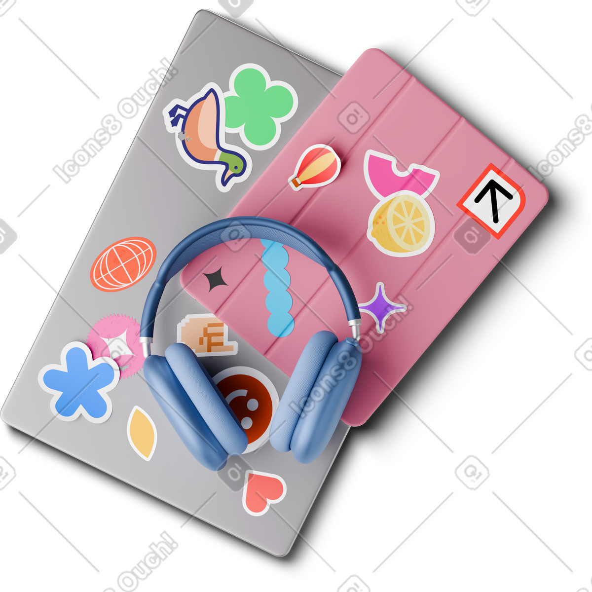 下载 3D Hygge 风格的 Headphones lying on tablet and laptop with stickers 插画，支持 PNG、SVG 格式