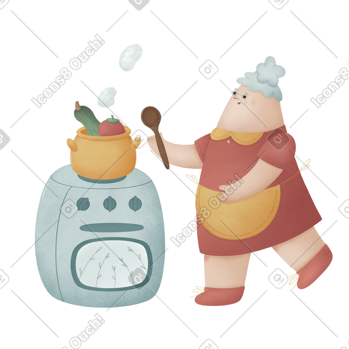 Old woman cooking vegetables on stove illustration in Woolly style download in PNG, SVG