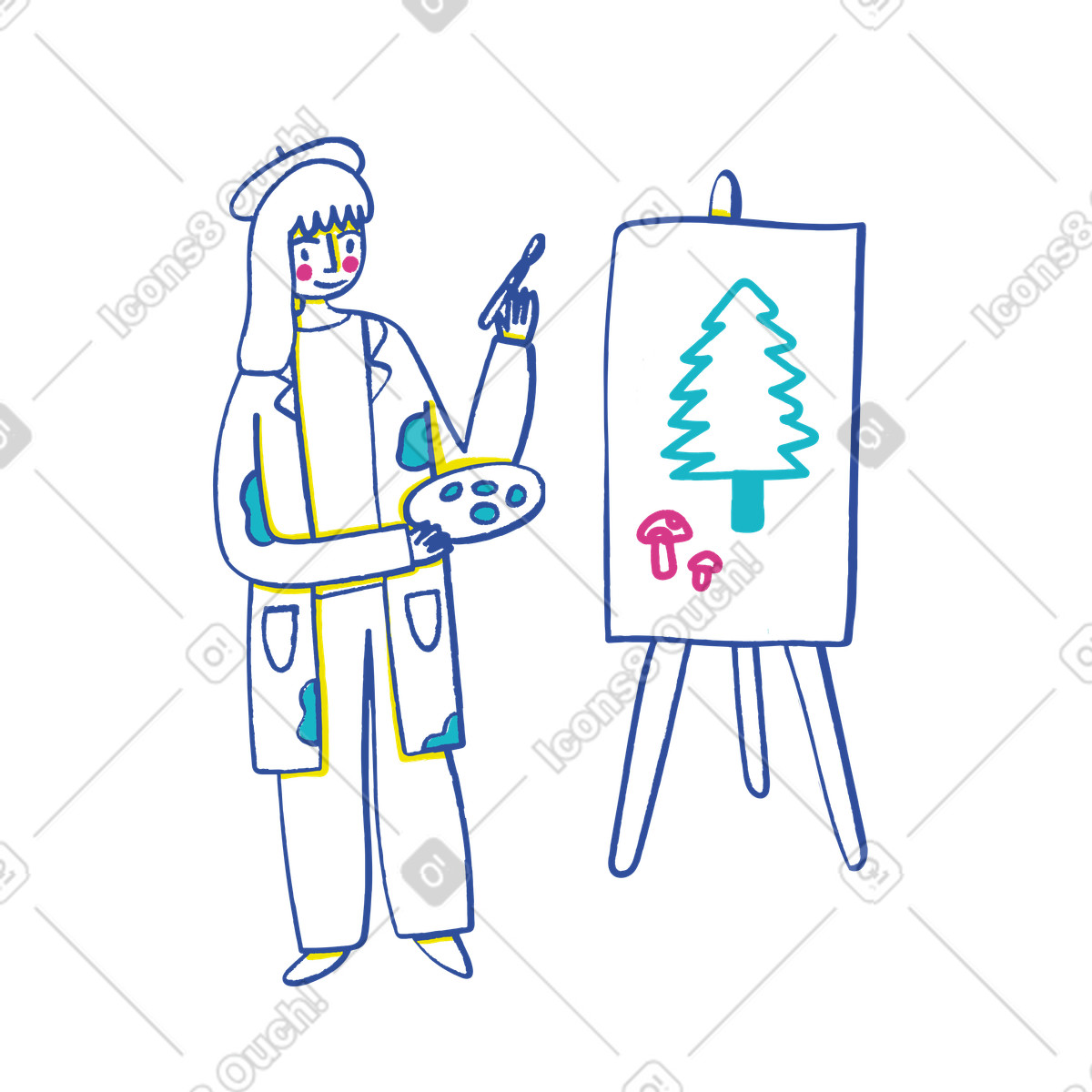 Donna con tavolozza che crea un dipinto di paesaggio illustrazione in stile Lime scarica in PNG, SVG