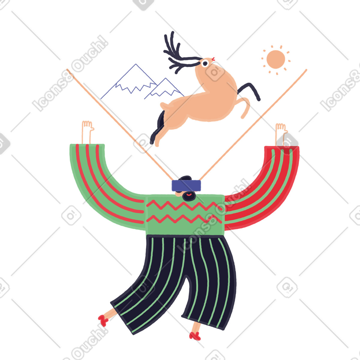 下载 Stripy 风格的 戴 vr 耳机的男子看到一只腾跃的鹿 插画，支持 PNG、SVG 格式