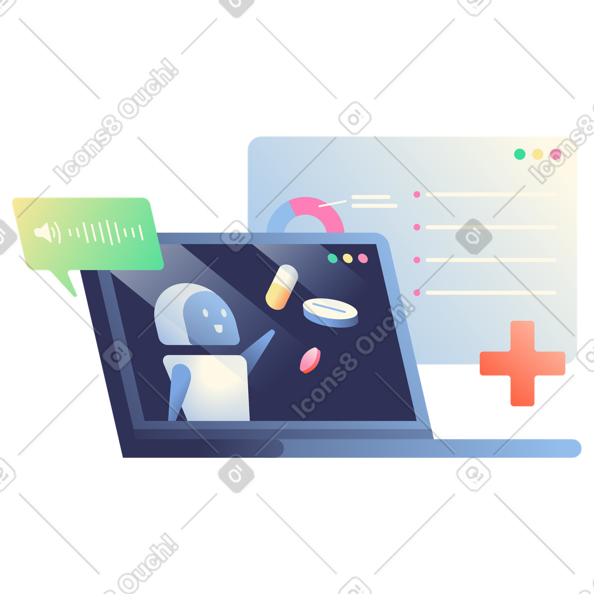 AI assistant explaining medication on laptop, Healthcare chatbot explaining prescriptions illustration in PNG, SVG