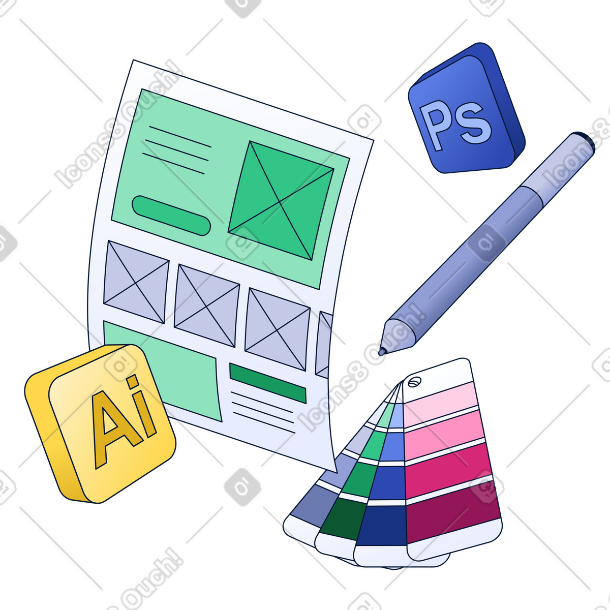 Wireframe, app e strumenti illustrazione in stile Neat scarica in PNG, SVG